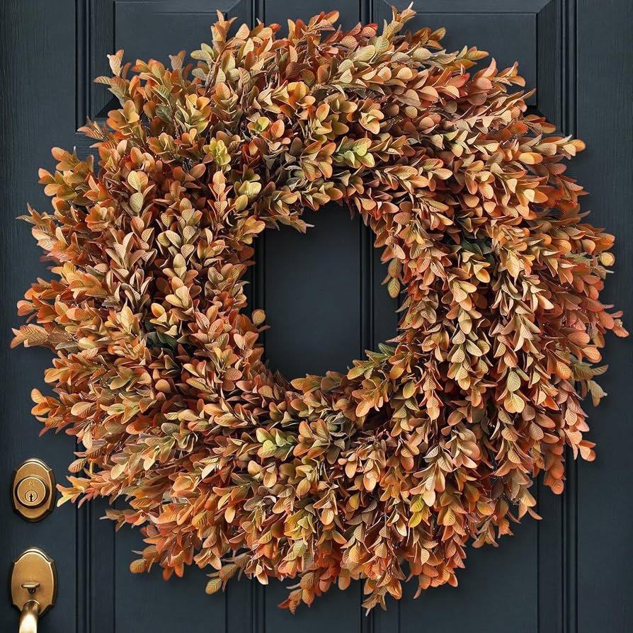 26" Artificial Fall Azalea Leaves Wreath for Front Door Decor(Orange-Green) | Amazon (US)