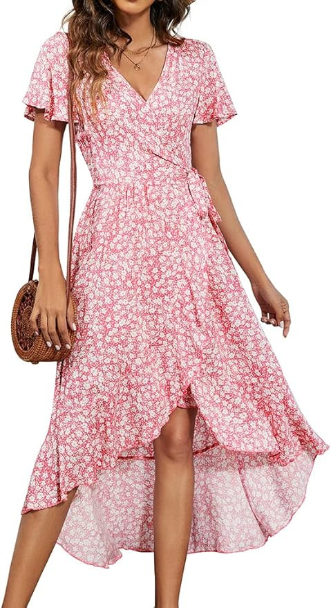 Naggoo Women's Summer Wrap Floral V Neck Ruffle Short Sleeve Beach Midi Dress | Amazon (US)