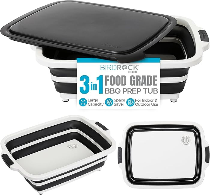BIRDROCK HOME Collapsible Large BBQ Prep Tub w/Cutting Board, Multi-Function Grill Caddy w/Coland... | Amazon (US)