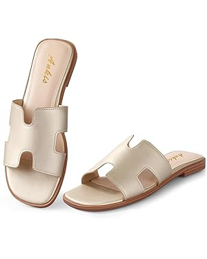 Ankis Black Brown White Biege Gold Women's Flat Sandals Comfortable Women's Slide Sandals Fashion... | Amazon (US)