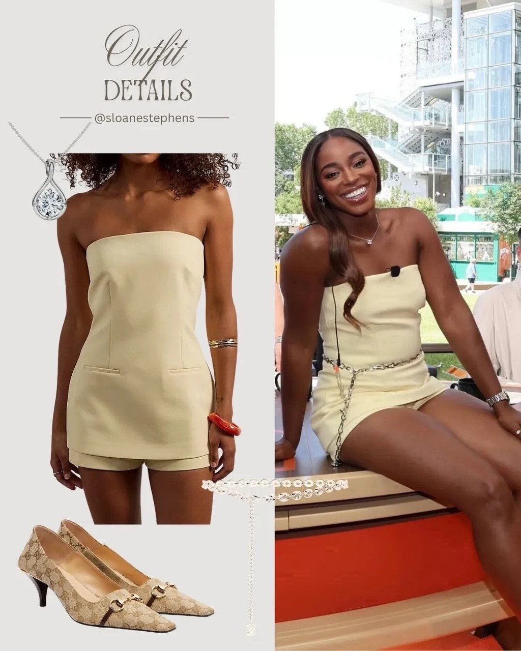 Butter yellow is officially the color of the season, 😍 a simple tailored strapless romper with a sparkly chain belt and timeless Gucci kitten heels. Elegant, sporty-chic, and perfect for warm weather.
Shop the full outfit details  👇

#LTKunder100 #SummerOOTD #ButterYellowTrend #GucciShoes #CelebOOTD #StraplessDress #ChicStyle #SummerFashion2026 #EverydayLuxury