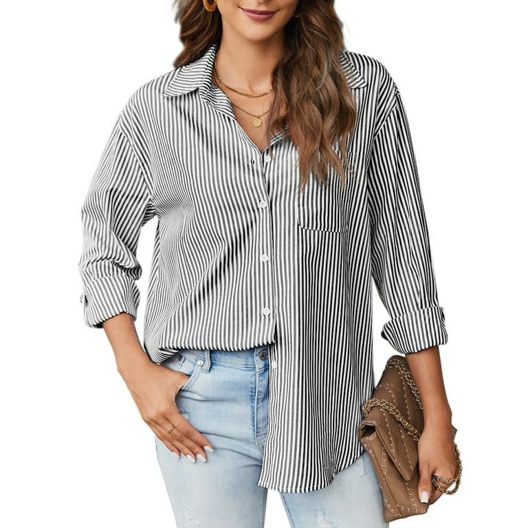 Wataxii Womens Button Down Shirts Striped Classic Long Sleeve Collared Office Work Blouses Tops w... | Walmart (US)