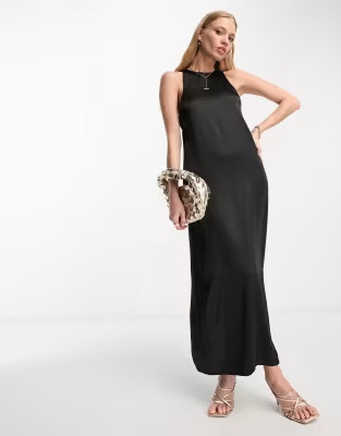 ASOS DESIGN racer neck satin slip midi dress in black | ASOS (Global)