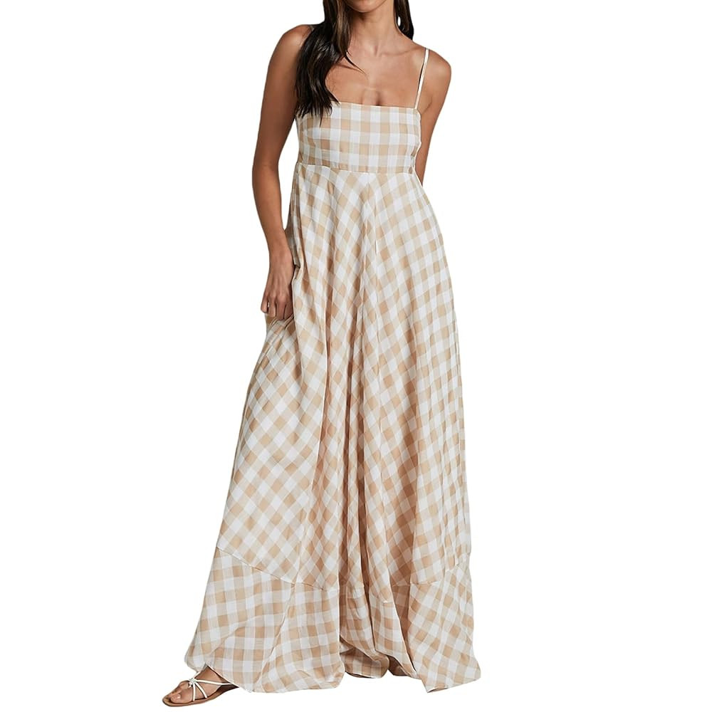 Women Summer Plaid Print Sleeveless Maxi Dress Spaghetti Straps A-Line Cami Dress Backless Party ... | Amazon (US)