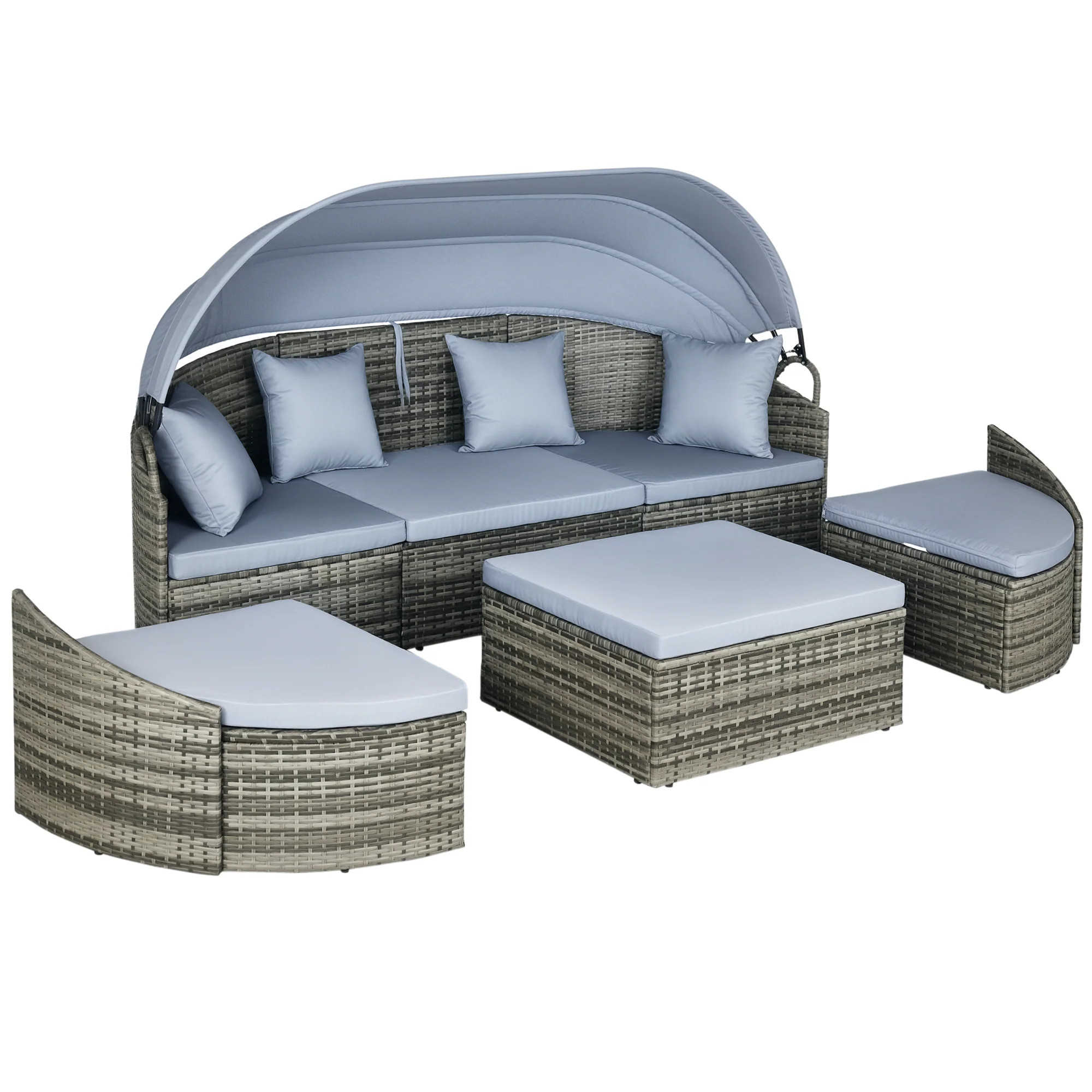 Outsunny 4Piece Outdoor Rattan Furniture Set Round Convertible Patio Daybed or Sunbed Sectional Sofa with Canopy Pillows Cushions Footrest Table PE | Lowe's