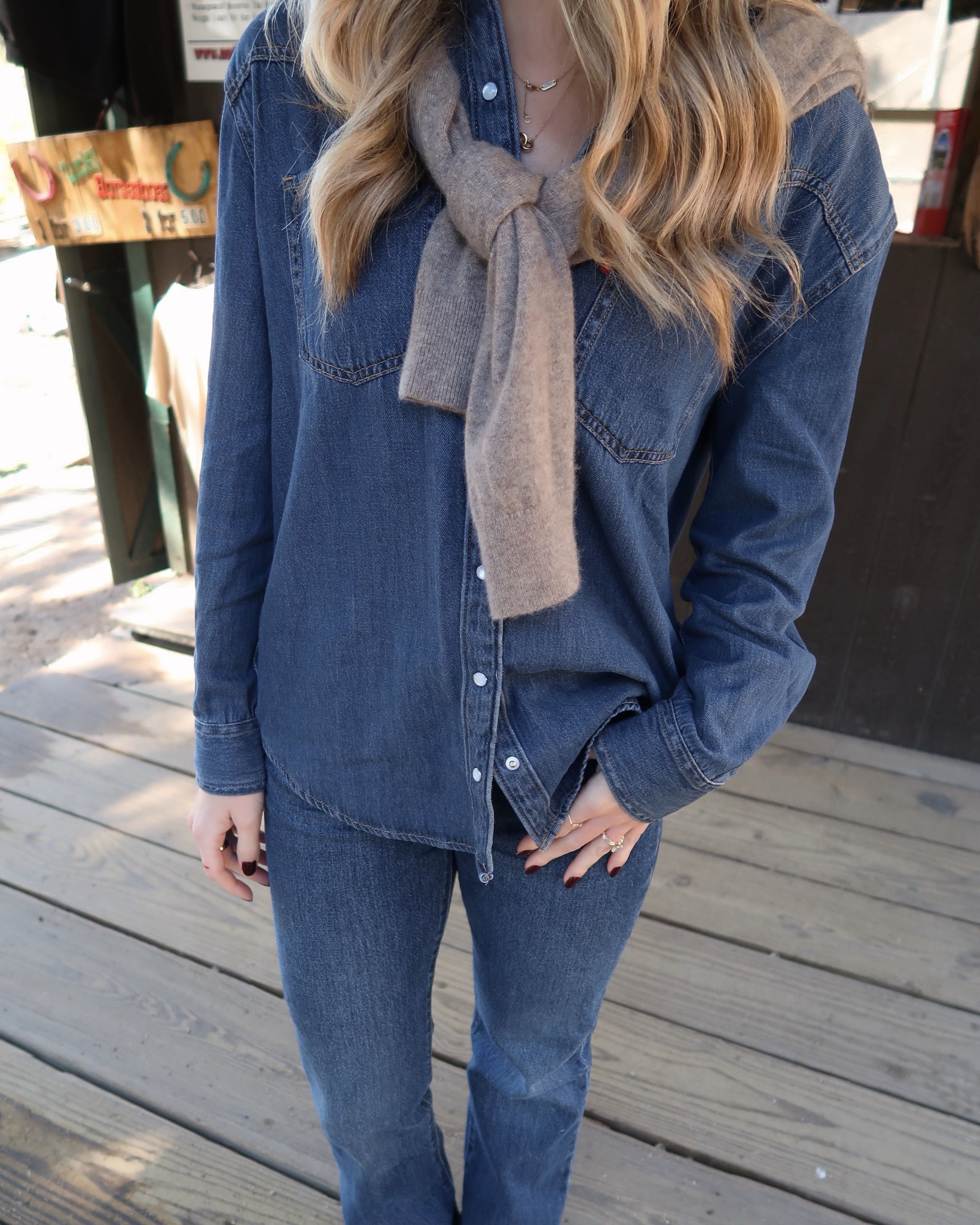 Fall outfit inspiration! Dark wash denim on denim look with a sweater over the shoulder in case it gets chilly! Fall outfits, Canadian tuxedo, denim looks, bootcut jeans 

#LTKSeasonal #LTKStyleTip #LTKFindsUnder100