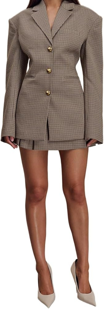 Women's Houndstooth Suit Jacket Single Breasted Coat Homecoming Uniform Blazer | Amazon (US)