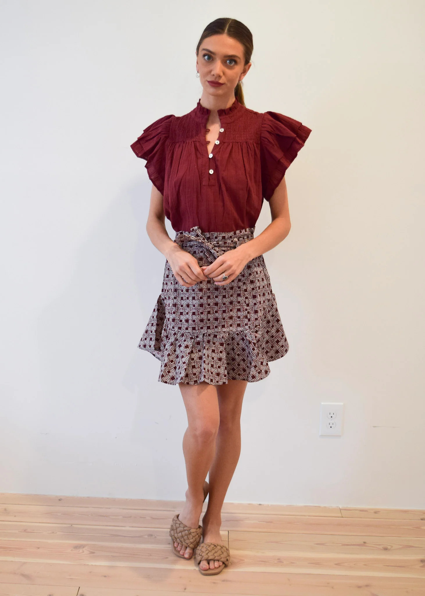 Never A Wallflower | Smocked Top Burgundy Pinstripe Solid | Never A Wallflower