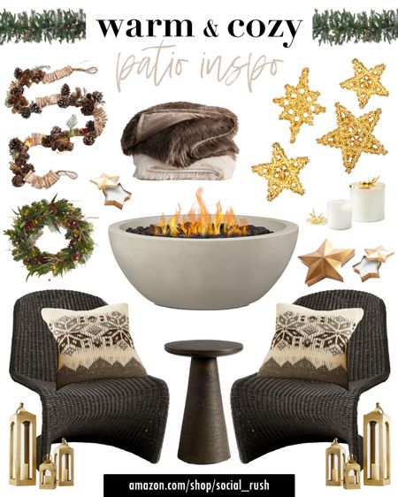 Warm & cozy patio, holiday patio, wicker lounge chairs, outdoor wreath, Sweater Pillow, Natural Gas Fire Pit, concrete round fire pit, brass metal lanterns, Pre-lit twinkling star, Gold Candle, Winter candle, Winter outdoor patio, Oversized Garland, Garland with lights, Luxe faux fur throw, outdoor throw, Pinecone string light garland, holiday backyard

#LTKSeasonal #LTKhome #LTKHoliday