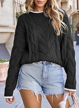 EVALESS Sweaters for Women Trendy Crewneck Long Sleeve Color Block Sweater Tops Fall 2024 Chunky ... | Amazon (US)