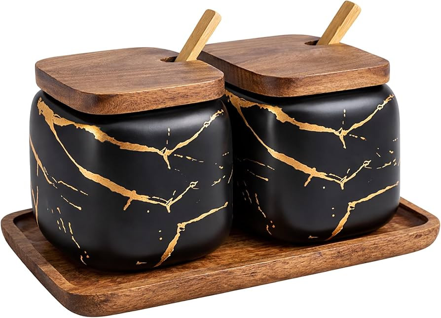 2 Sets of Marble Ceramic Sugar Bowl Ceramic Seasoning Jars with Wooden Lid and Wooden Spoon(Black... | Amazon (US)