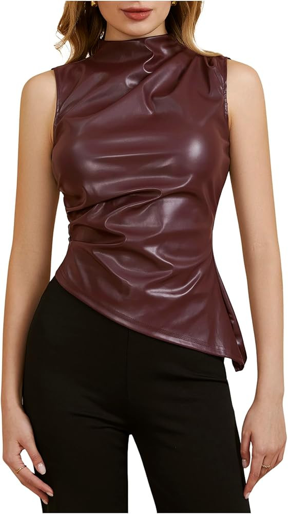 MakeMeChic Women's PU Leather Tank Top Mock Neck Y2k Ruched Party Sleeveless Leather Tops | Amazon (US)