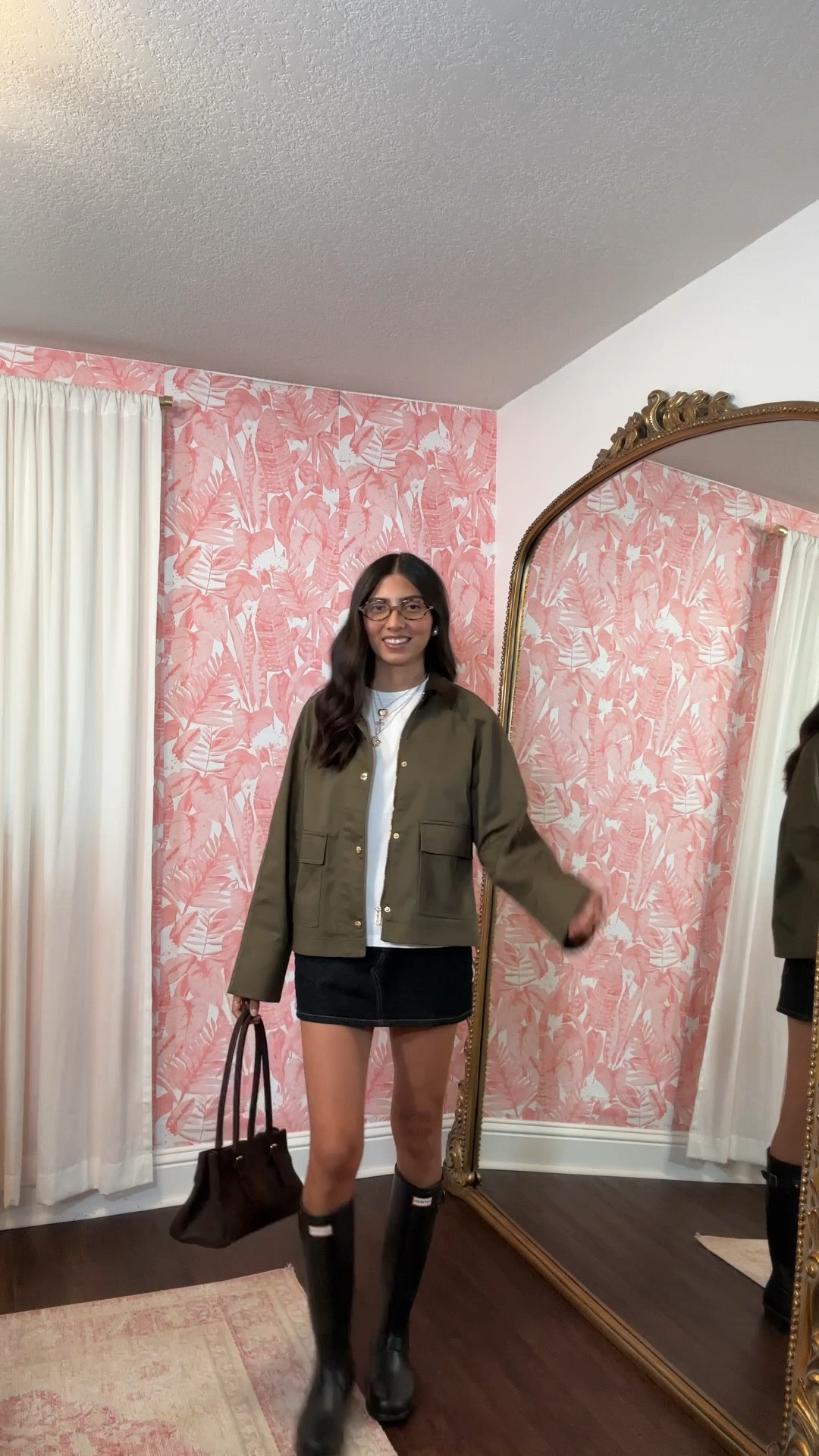 casual fall outfit, denim skirt, utility jacket, hunter boots