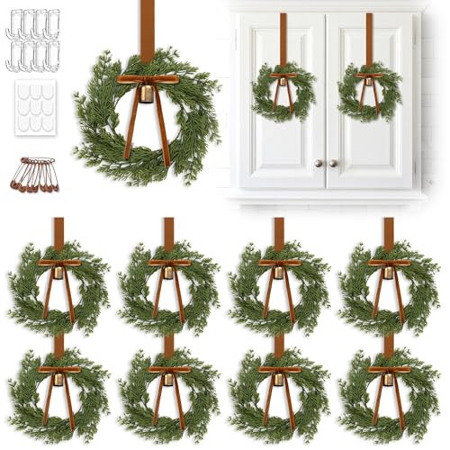8 Pcs 9.8" Mini Wreaths for Cabinets with Ribbon Bell, Cedar Wreath Christmas Cabinet Wreath Small Christmas Wreath Artificial Greenery for Farmhouse Holiday Decoration | Amazon (US)