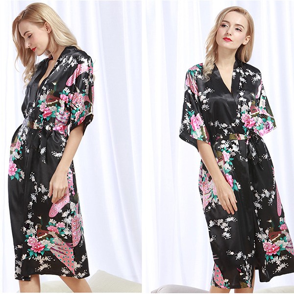 Women Silk Satin Night Robe Floral Peacock Kimono Robe Sexy Bathrobe Fashion Dressing Gown | Newchic