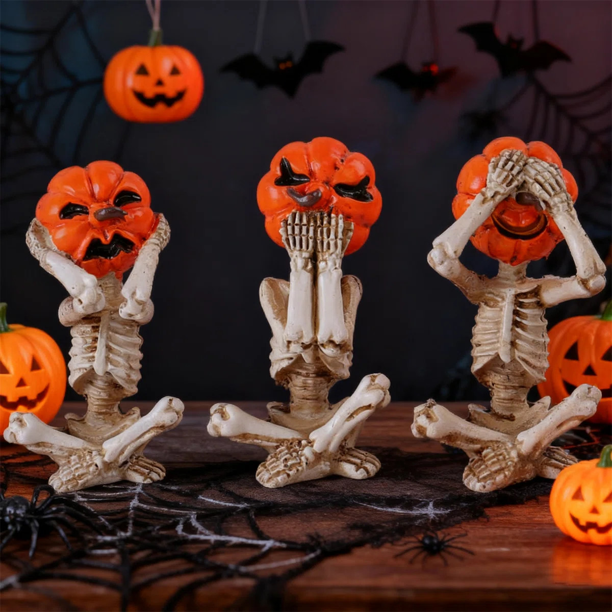 3 Pieces Halloween Skeleton Statues Pumpkin Skull Figurines Home Decor, Hear Speak No Evil Decora... | Wayfair North America