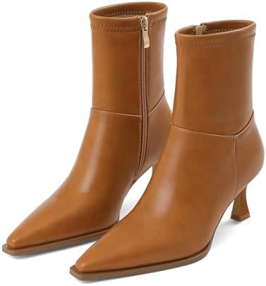 Womens Brown Suede Fall Boots with Side Zip, Ankle, Mid Calf, Pointed Toe, Kitten Heel, Dressy, S... | Amazon (US)