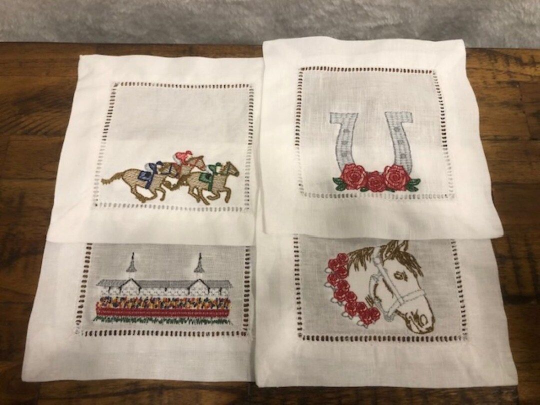 Kentucky Derby Embroidered Cocktail Napkins, Derby Cocktail Napkins Set of 4, Bar Top Napkins, De... | Etsy (US)