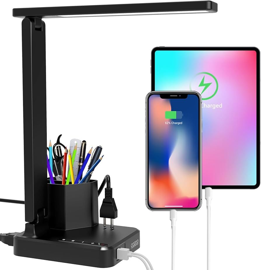 Desk Lamp,Desk Lamps for Home Office,COZOO LED Desk Lamp with 2 USB Charging Ports,2 Pen Holders,... | Amazon (US)