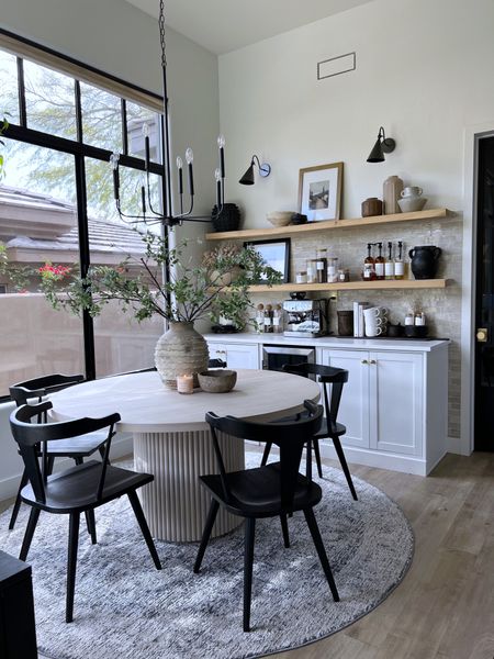 Breakfast nook table
Dining table 
Black chairs 
Loloi rugs 
Chandelier 
Pottery 
Vase
Faux stems 
Artificial stems 
Decorative bowl candle
Breville 
Coffee bar 
Faux branches 

#LTKunder100 #LTKhome #LTKunder50