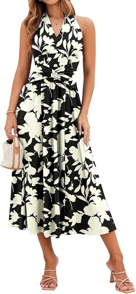 Sureple Women's V Neck Midi Dresses with Pockets Sleeveless Twist Waist Pleated Aline Flowy Beach... | Amazon (US)