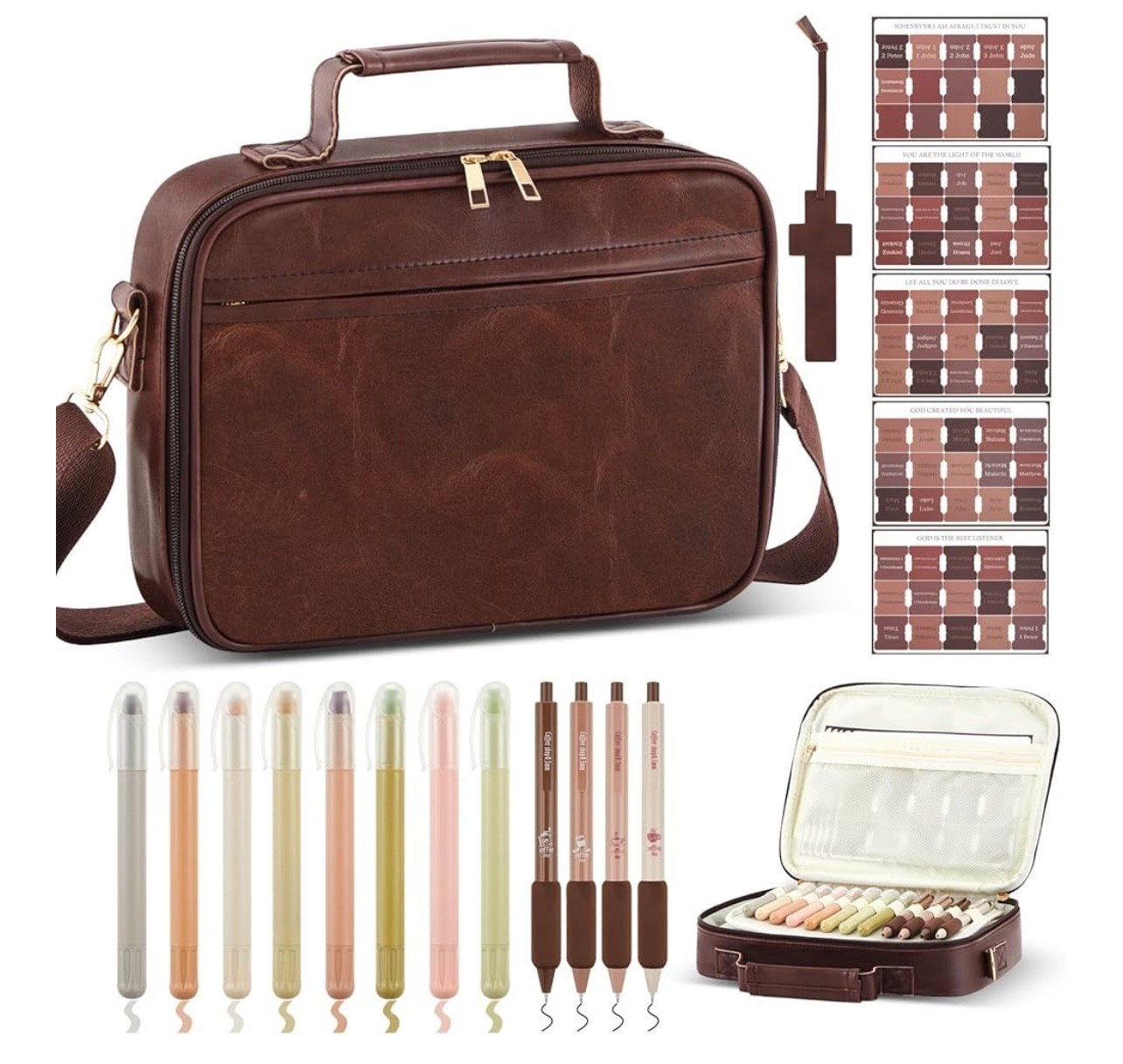 Bible Cover Case for Men - Large Leather Bag with Study Supplies, Journaling Kit Book Carrying Case with Highlighters Pens, Gel Pens, and Bible Tabs, Leather Bookmarks for Christian Gifts

#LTKFallSale #LTKMens #LTKFindsUnder50