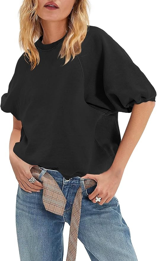 Panadila Womens Oversized Short Sleeve Sweatshirt Crewneck Puff Sleeve Top | Crew Neck, Casual, B... | Amazon (US)