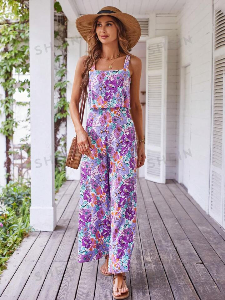 SHEIN VCAY Allover Floral Print Wide Leg Cami Jumpsuit | SHEIN