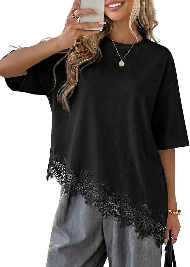 LOLONG Women's Casual Crew Neck Half Sleeve T-Shirt Asymmetrical Hem Lace Patchwork Loose Fit Top... | Amazon (US)
