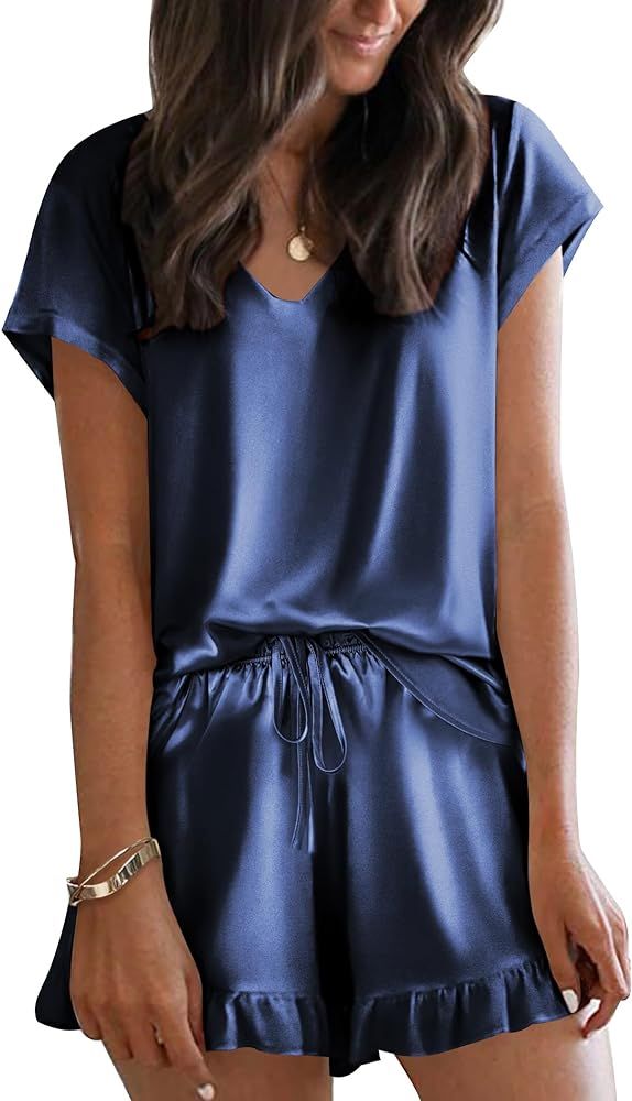 Ekouaer Silk Pajamas for Women Short Sleeve Satin Sleepwear Two Piece Pj Sets with Ruffled Shorts... | Amazon (US)
