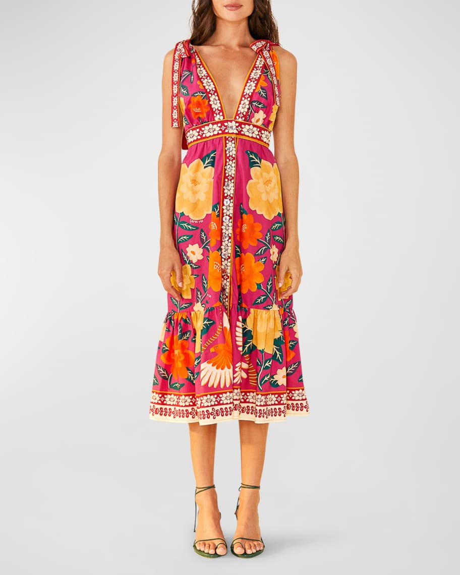 Flower Tapestry Tie-Shoulder Midi Dress | Neiman Marcus