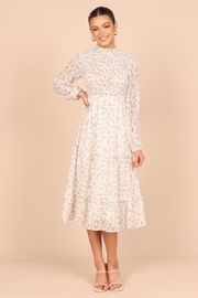 Edwina Shirred Frill Long Sleeve Midi Dress - Cream Floral | Petal & Pup (US)