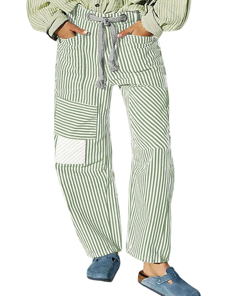 loveimgs Women Casual Boyfriend Barrel Stripe Pants Elastic Mid Rise Ankle Pants Patchwork Drawst... | Amazon (US)