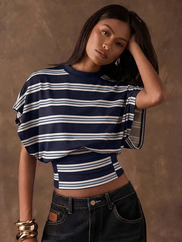 SHEIN BAE Women's Casual Striped Batwing Sleeve Cinched Waist T-Shirt, Summer,Summer Top | SHEIN