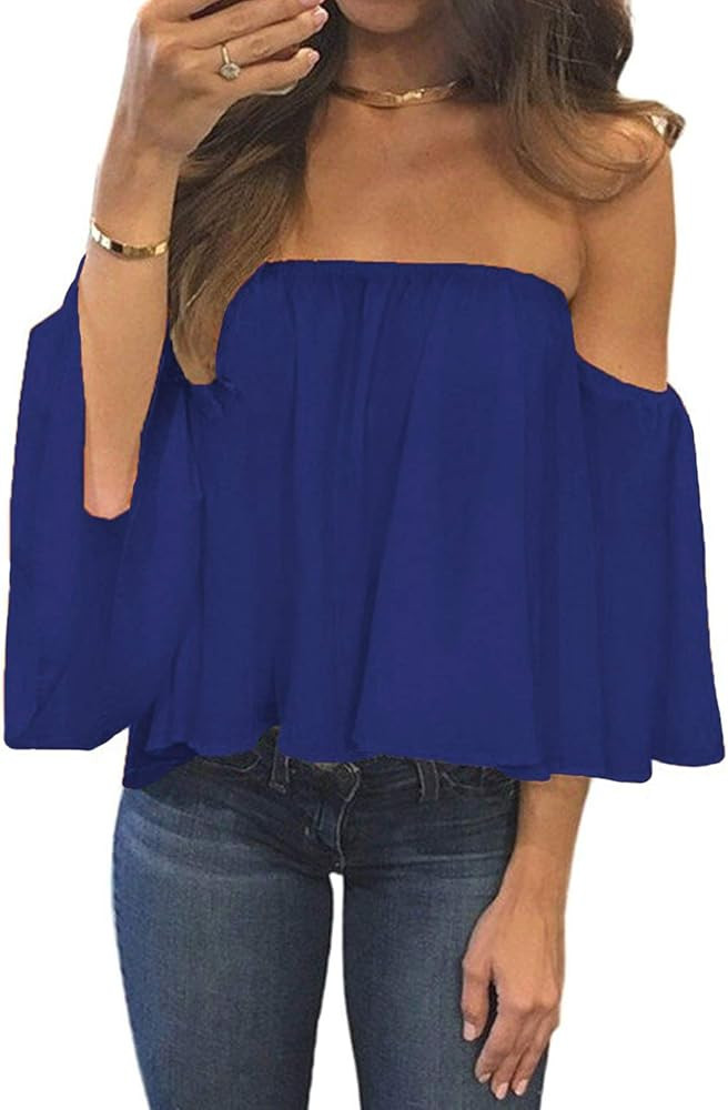 Bluetime Women Summer Off The Shoulder Chiffon Tops Ruffles Short Sleeves T Shirts Casual Blouses... | Amazon (US)