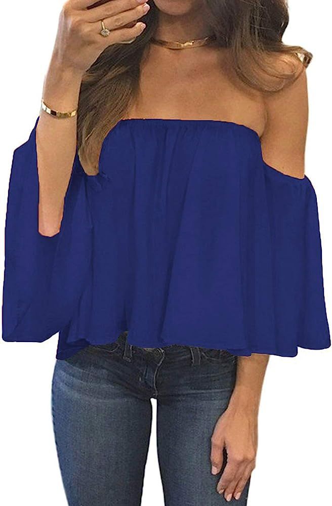 Bluetime Women Summer Off The Shoulder Chiffon Tops Ruffles Short Sleeves T Shirts Casual Blouses... | Amazon (US)