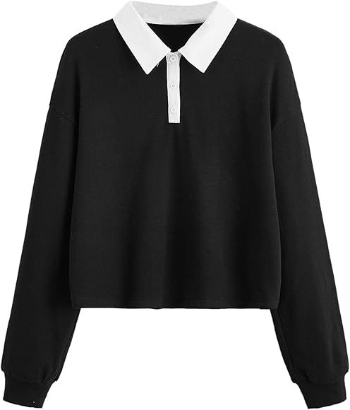 Verdusa Women's Button Front Polo Collar Drop Shoulder Pullover Top Sweatshirt | Amazon (US)