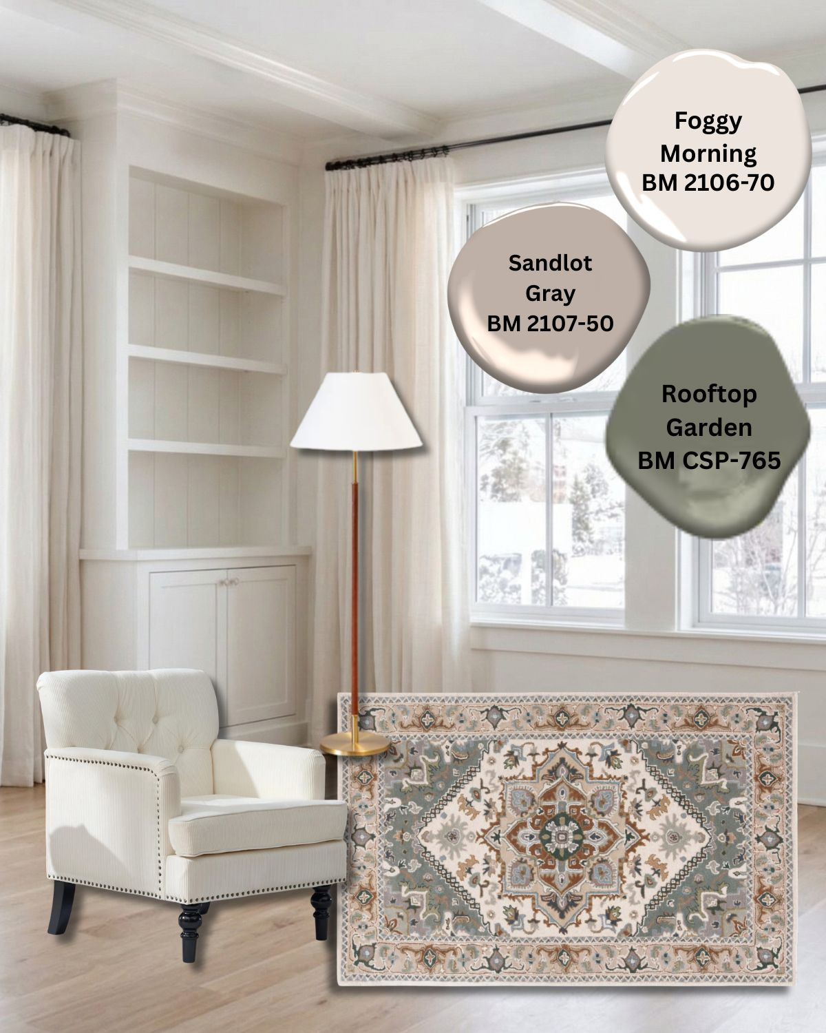 Add a bit of neutral color to a white room with soft taupes and greens. I would paint the walls Benjamin Moore Foggy Morning, the built-ins Rooftop Garden and use Sandlot Gray as a guid for soft furnishings. Bring the colors together with the rug and keep the furniture white or off white. 

 #LTKhome #LTKstyletip