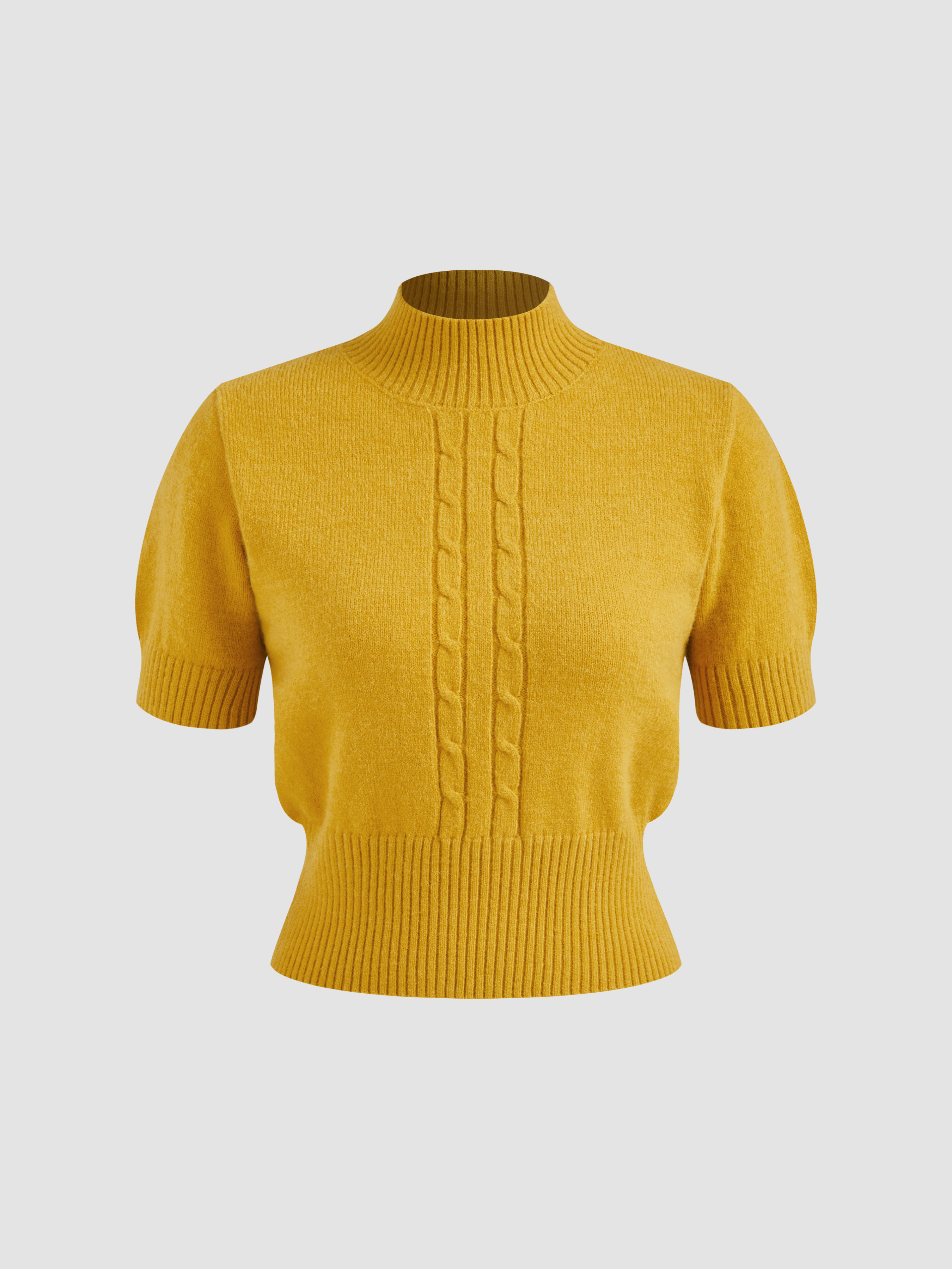 Knit Fabric Cable Knit High Neck Solid Short Sleeve Top For Daily Casual | Cider