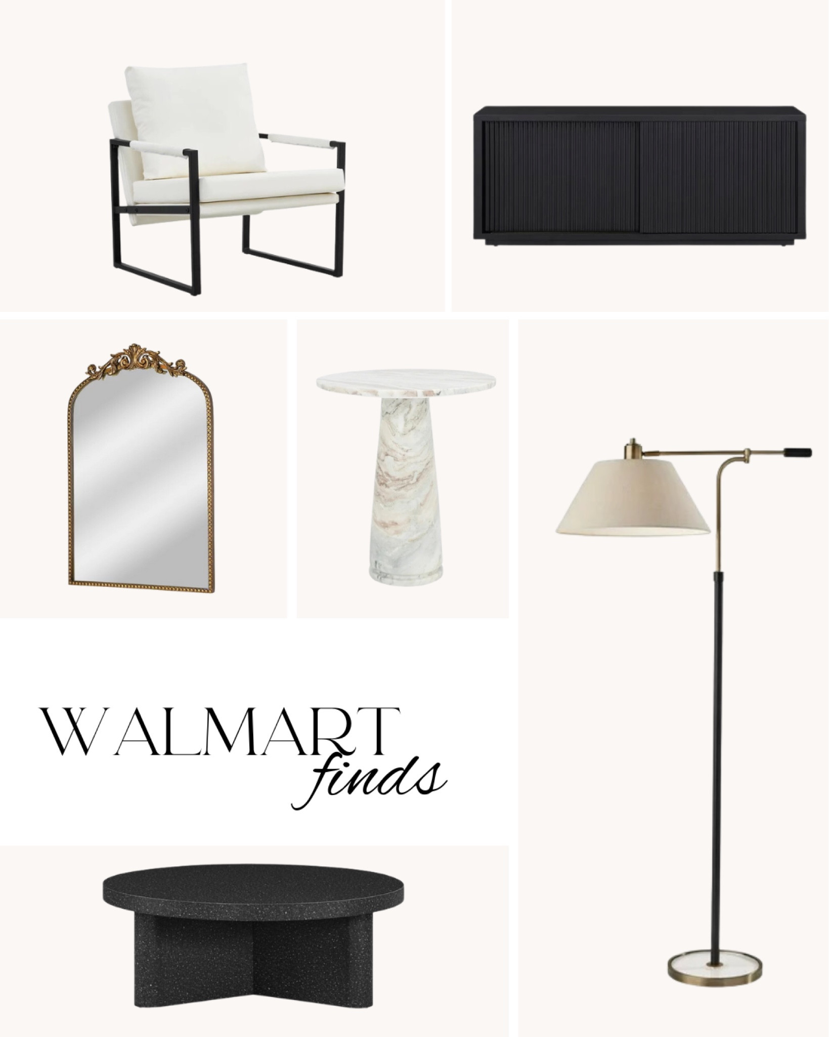 Walmart home finds! Walmart furniture, affordable home finds, Walmart accent chair, coffee table, black buffet, gold mirror, floor lamp, marble accent table

#LTKstyletip #LTKhome