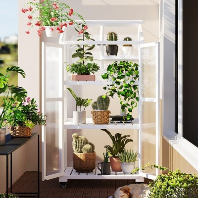 62" H Wood Large Greenhouse, Balcony Portable Cold Frame with Wheels and Adjustable Shelves for Outdoor Indoor Use, White - ModernLuxe | Target