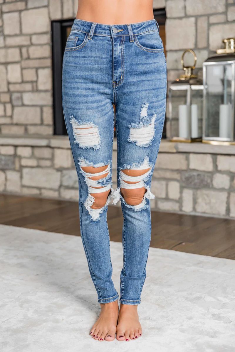 The Samantha Medium Wash Distressed Skinny Jeans | The Pink Lily Boutique