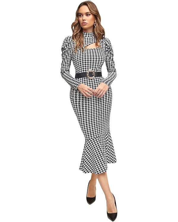 WDIRARA Women's Houndstooth Long Sleeve Mock Neck Cocktail Bodycon Mermaid Dress | Amazon (US)