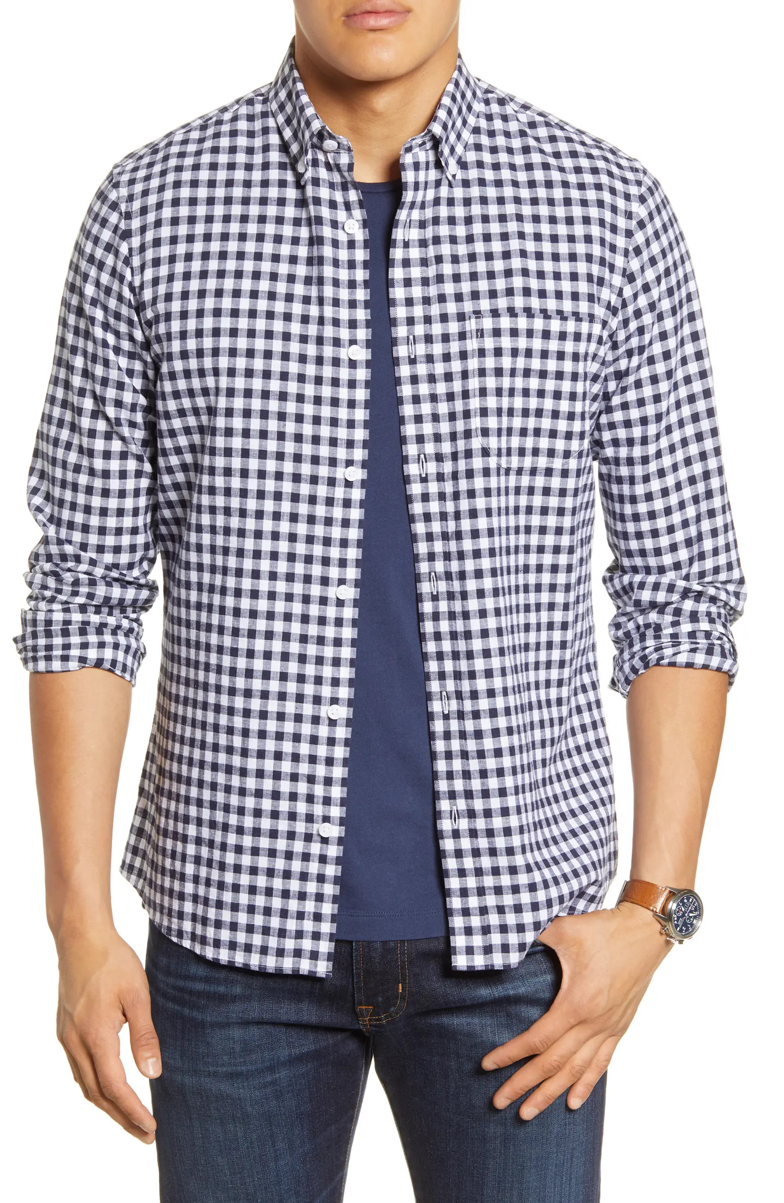 Button Down Heather Gingham Linen Blend Sport Shirt | Nordstrom