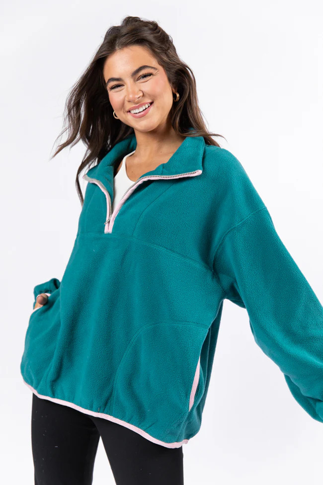 Outside The Box Jade and Pink Contrast Trim Fleece Pullover SALE | Pink Lily