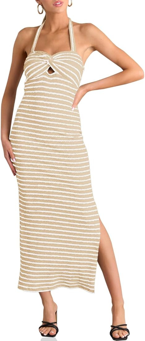 Wenrine Womens Summer Striped Halter Neck Dress Sexy Twist Front Cut Out High Split Casual Sleeve... | Amazon (US)