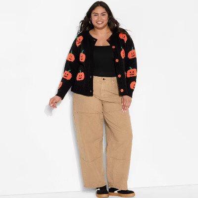 Women's Pumpkin Graphic Cardigan - Black 1X | Target
