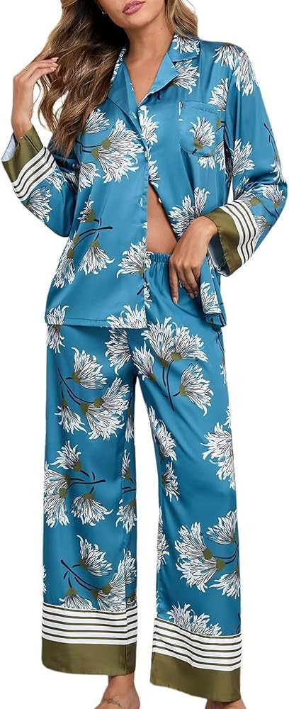 Womens Silk Pajamas Floral Satin Pj Sets Button Up Long Sleeve Comfy Soft Fall 2 Pieces Lounge Se... | Amazon (US)