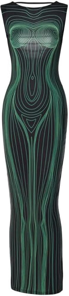 Y2K 3D Body Print Maxi Dress Women Aesthetic Long Sleeve Unique Sexy Body-Shaping Robe Party Club... | Amazon (US)