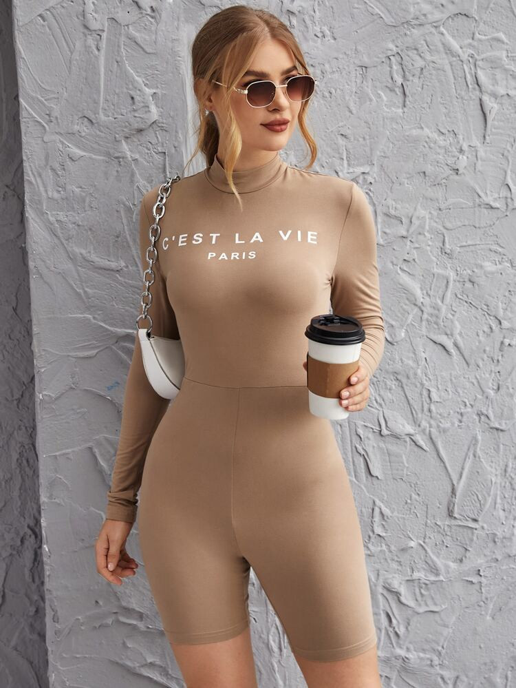 Paris Graphic Mock Neck Form-Fitting Romper | SHEIN